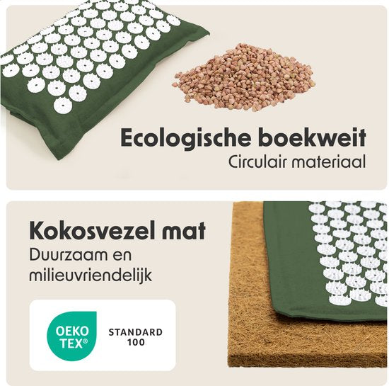 LifeGoods Acupressuur Mat Eco - met Kussen - Shakti mat - Spijkermat Incl. 2x Triggerpoint Bal en Draagtas - 72x43x2cm - Groen/Wit