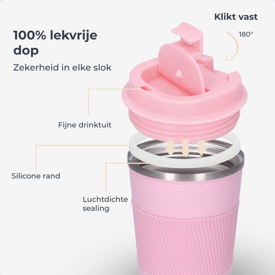 Castagnola Thermosbeker - Koffiebeker To Go - Travel Mug voor Koffie en Thee - Theebeker - 380 ML - RVS - Roze