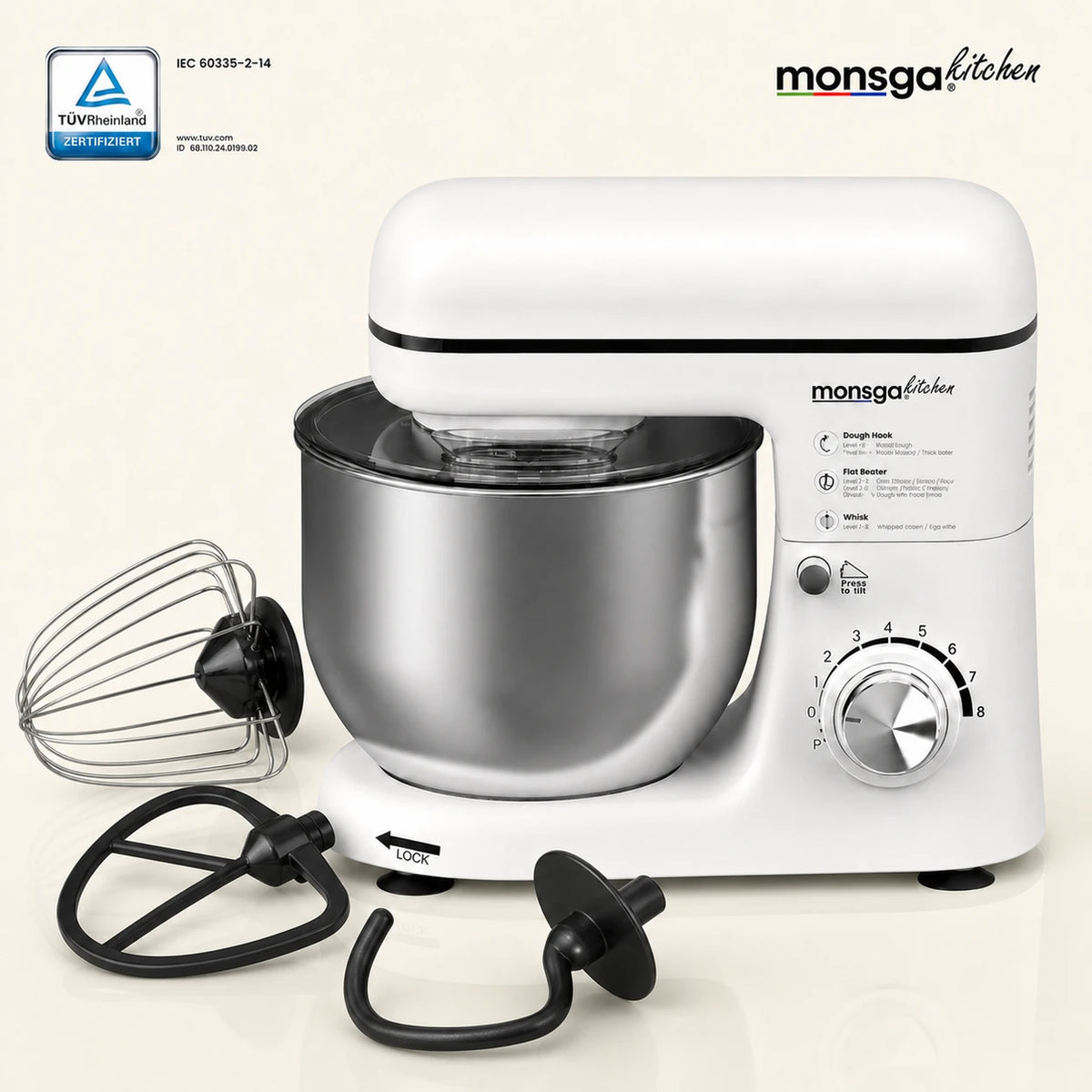 MONSGA SM100 keukenmachine - 1000 W - 5 L mengkom - crèmewit