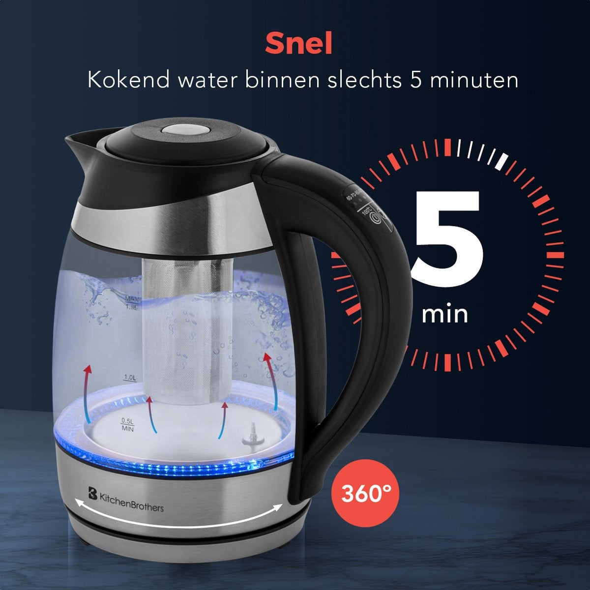 KitchenBrothers Waterkoker - 1.8L - Glas - BPA vrij - 2200W - 22.09x16x24.41 - Glas|Met temperatuurregeling