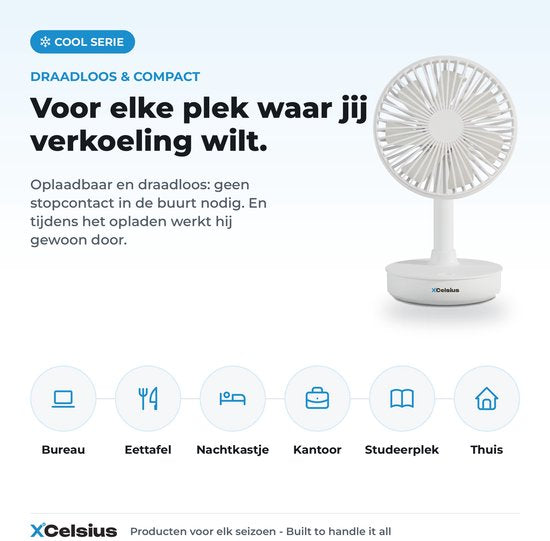 XCelsius® Tafelventilator Draadloos - Ventilator voor Bureau, Tafel en Werkplek - Oplaadbaar met USB-C - 4 Snelheden - Oscillerende Modus - Kantelbaar - Tijdens opladen gebruiken - Wit