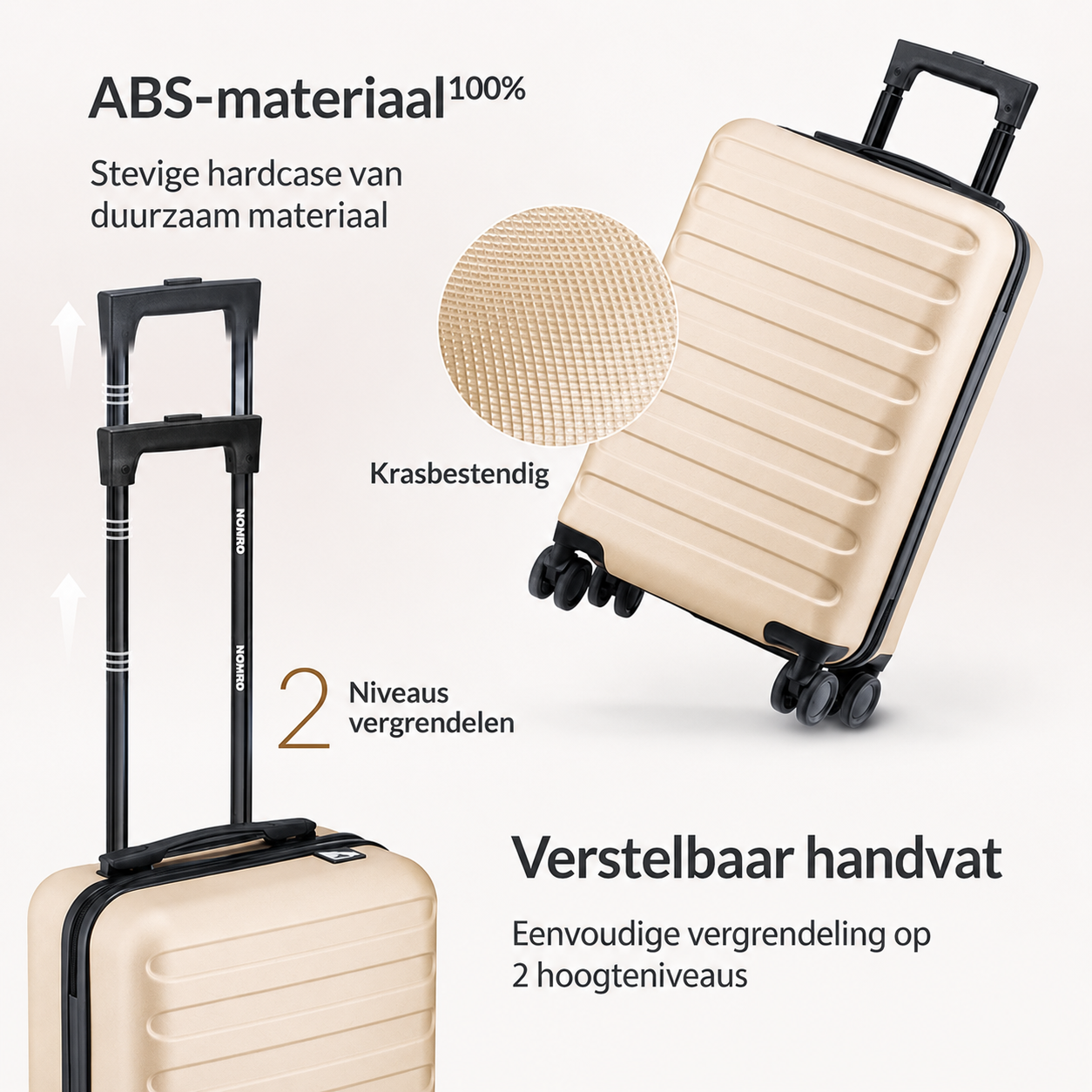 NOHRD Handbagage Koffer - 38 L - Champagne - Reiskoffer - 55x35x20 cm - Trolley - Lichtgewicht - Incl. Slot
