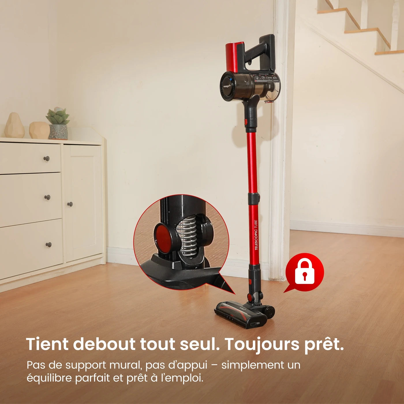 MonsgaClean M100 Draadloze Stofzuiger - Rood - 55.000 Pa - 45 min - 1,8 L - Touchscreen - Anti-klit - Groene LED