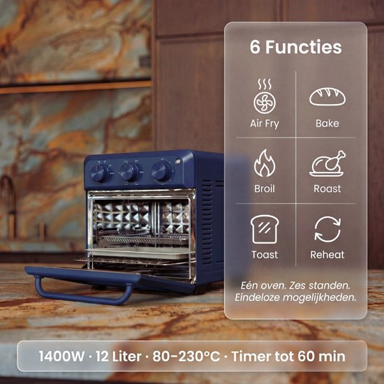 Safecourt 6-in-1 Airfyer oven - 100% PFAS-vrij - 6 programma’s - 80 tot 230 graden - Airfryer, bakken, roosteren, toasten, grillen & opwarmen - Blauw