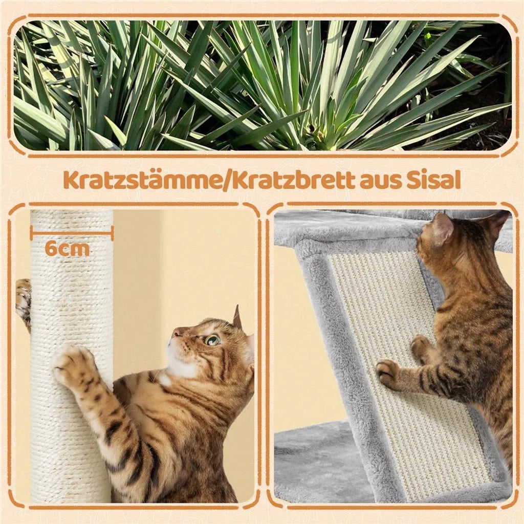 Yaheetech krabpaal 146 cm - met 2 kattenholen - 3 uitkijkplatforms - lichtgrijs