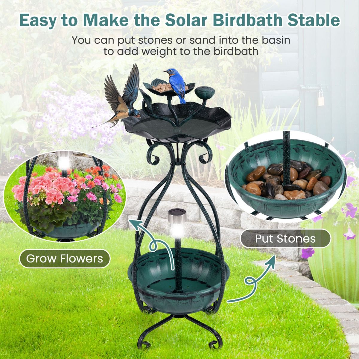 Coast Vogelbad met zonnepaneel - vogelvoederautomaat en bloempot - decoratieve lotus en bladeren - groen