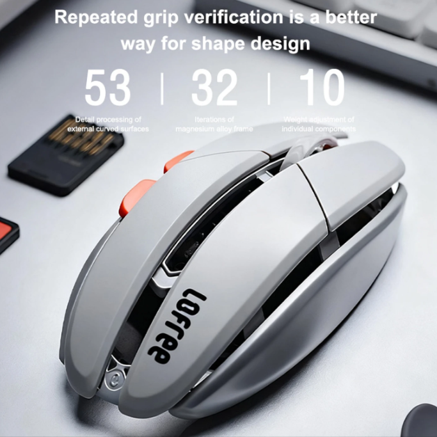 Lofree Hypace Bluetooth Mouse – Magnesium Alloy Frame + PC Shell, Tri-Mode Connection (Bluetooth / 2.4G / Wired), PAW3950 Laser Sensor, Light Gray, OE923