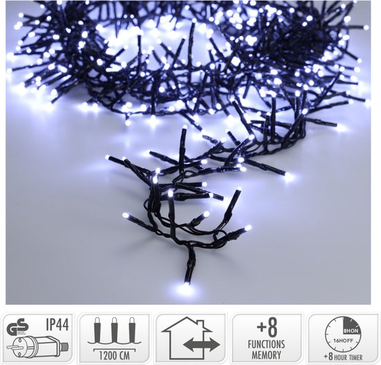Maxi Cluster Kerstverlichting - 800 led - 12m - (ijs) wit - Timer - Lichtfuncties -Buiten-Binnen-Geheugen
