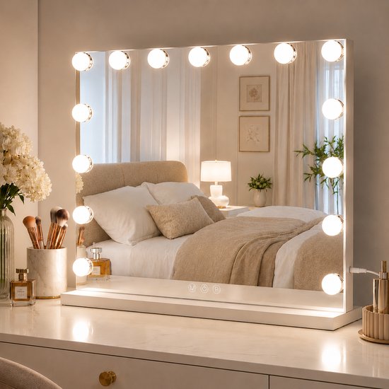 Lumirex Hollywood Spiegel 58x46 cm - Make-up Spiegel met Verlichting - 15 LED Lampen - Dimbaar - 3 Lichtkleuren - Smart Touch - Netstroom - Visagie Spiegel - Wit