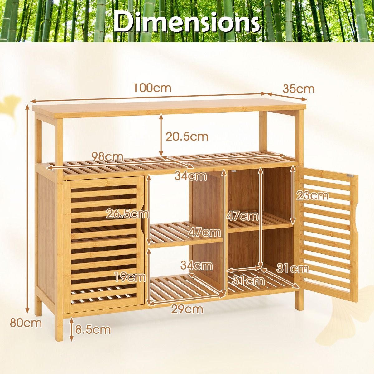 Coast Bamboe Badkamerkast - 2 deuren - open planken - natuurlijk - 100 x 35 x 80 cm