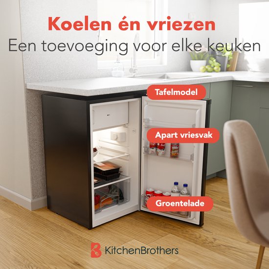 KitchenBrothers Koelkast - 88L Koelvak - 14L Vriesvak - IJskast - Koelvriescombinatie - Frigo - Vrijstaand - Zwart