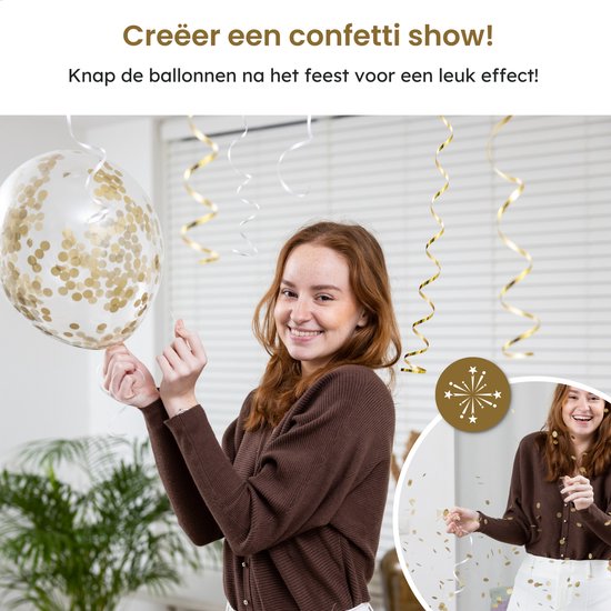 Partizzle 50x Ballonnen Wit en Goud - Helium Geschikt - Papieren Confetti - Nieuwjaar / Oud en Nieuw - Bruiloft, Huwelijk Kerst Ballonnenboog Decoratie - Latex