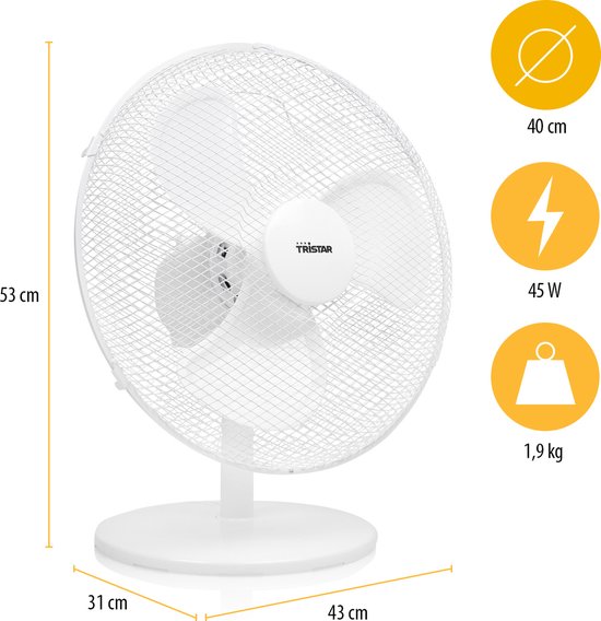 Tafelventilator 40 cm – 3 Snelheden – 85° Oscillatie – Tristar VE-5727 – Wit