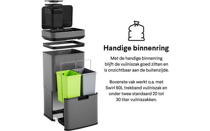 Homra Prullenbak – Automatische deksel & 3 vakken – 72L (2x12L + 48L) – 31,5 x 42 x 82,5 cm – Grijs