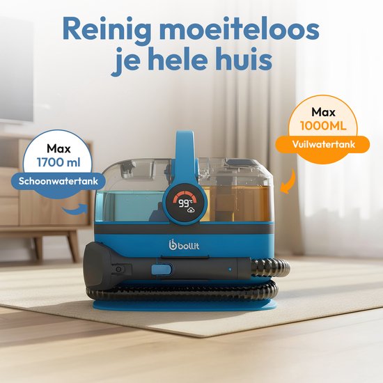 BOLLIT 4-in-1 Tapijtreiniger XL 1800W Ultra - Stoomreiniger en Vlekkenreiniger - 100° Stoom - Bankreiniger - Meubelreiniger - Handstomer - Matrasreiniger - Zetelreiniger - Reiniger voor auto, bank, vloer, en tapijt (V6 Azure Blauw)