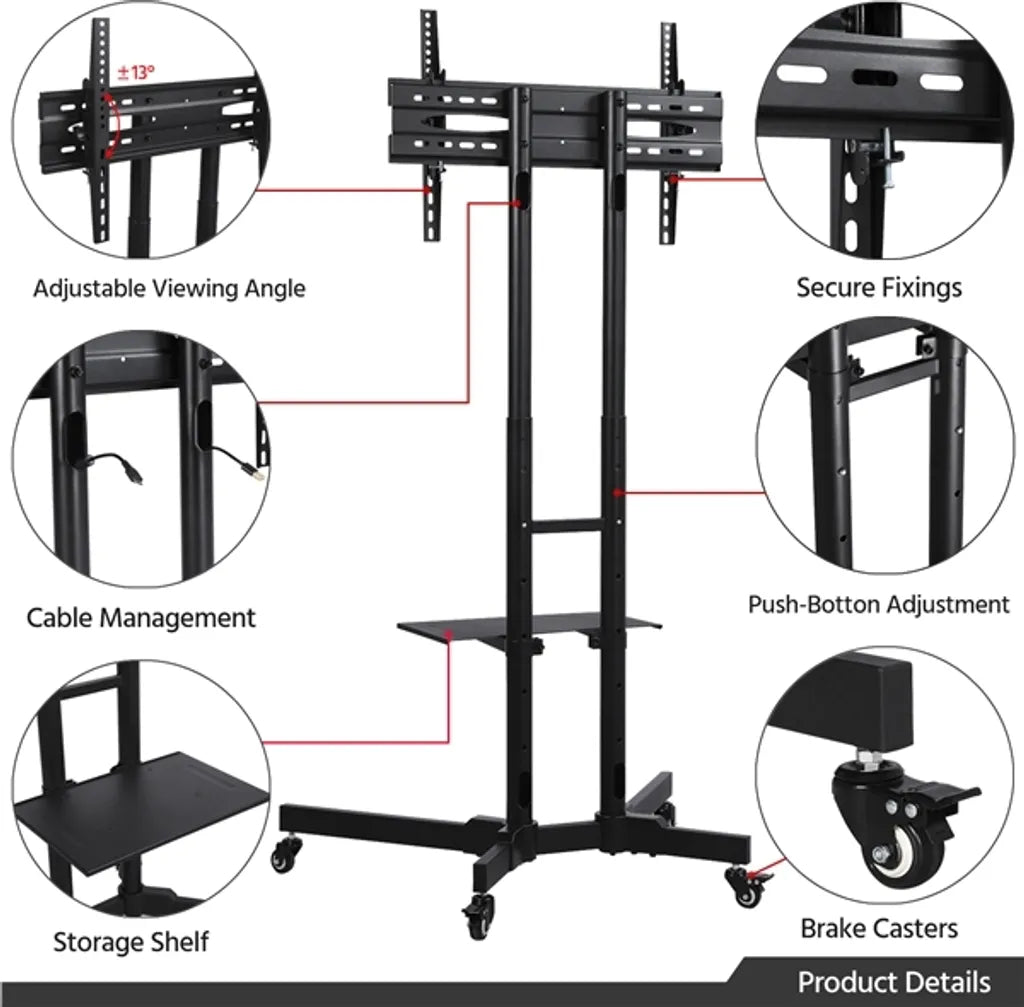 Yaheetech TV-Standaard 32-75 Inch op Wielen met Dubbele Stang, Zwart