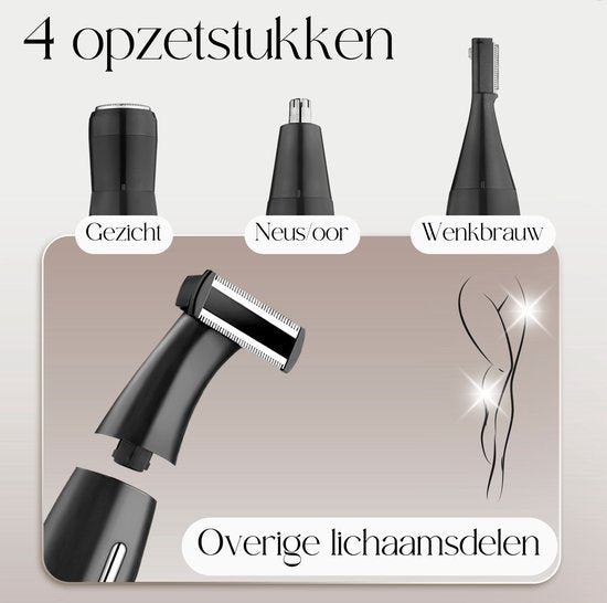 4-in-1 Bikinitrimmer - Sansbeauté® - Gezicht - Oksels - Benen - Bikinilijn - Wenkbrauw Trimmer - Gezichtsontharing Dames - Intieme Zone - Ladyshaves Bikini - Ontharingsapparaat Electrisch