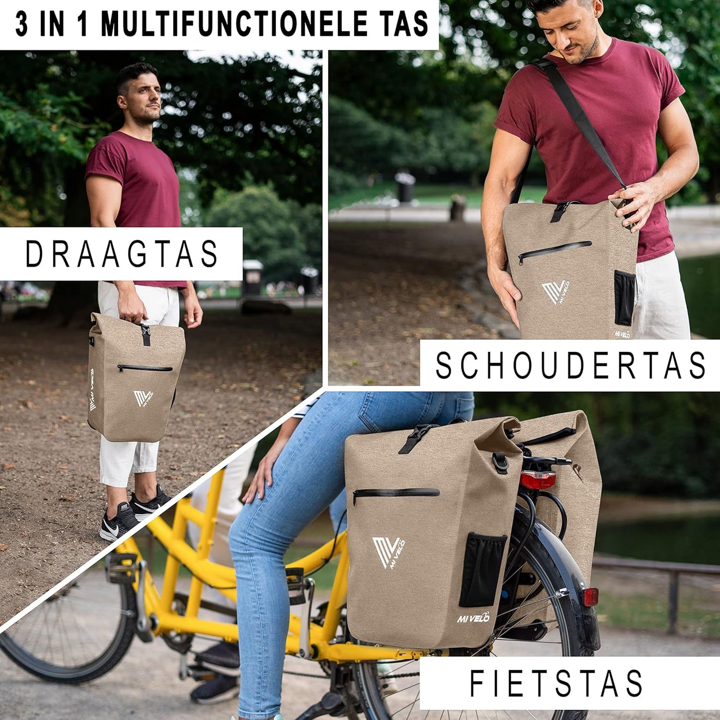 MIVELO Fietstas voor Bagagedrager - 100% Waterdicht, PVC-vrij, Laptopvak, Zandbeige
