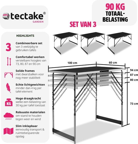 TecTake Klaptafel – Aluminium Frame, 4 Hoogtestanden – 300 x 60 cm – Zilver