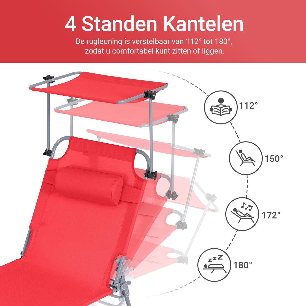 SoBuy Ligstoel Rood – Opvouwbare Tuinligstoel met Verstelbare Luifel en 4 Ligposities – 86 x 40 cm Ingeklapt