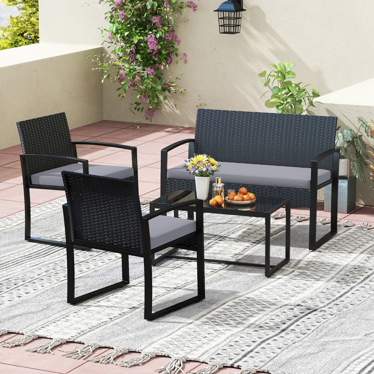 Coast tuinset voor 4 personen - inclusief glazen tafel, 2-zitsbank en 2 fauteuils - grijs