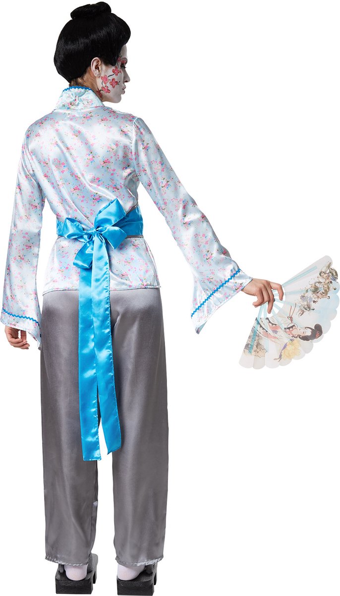 Dressforfun - Betoverende Geisha Aiko - Glanzend satijnen Geisha-kostuum met blouse, broek & buikriem voor Carnaval, Themafeesten & Japanse Stijl - Maat XXL
