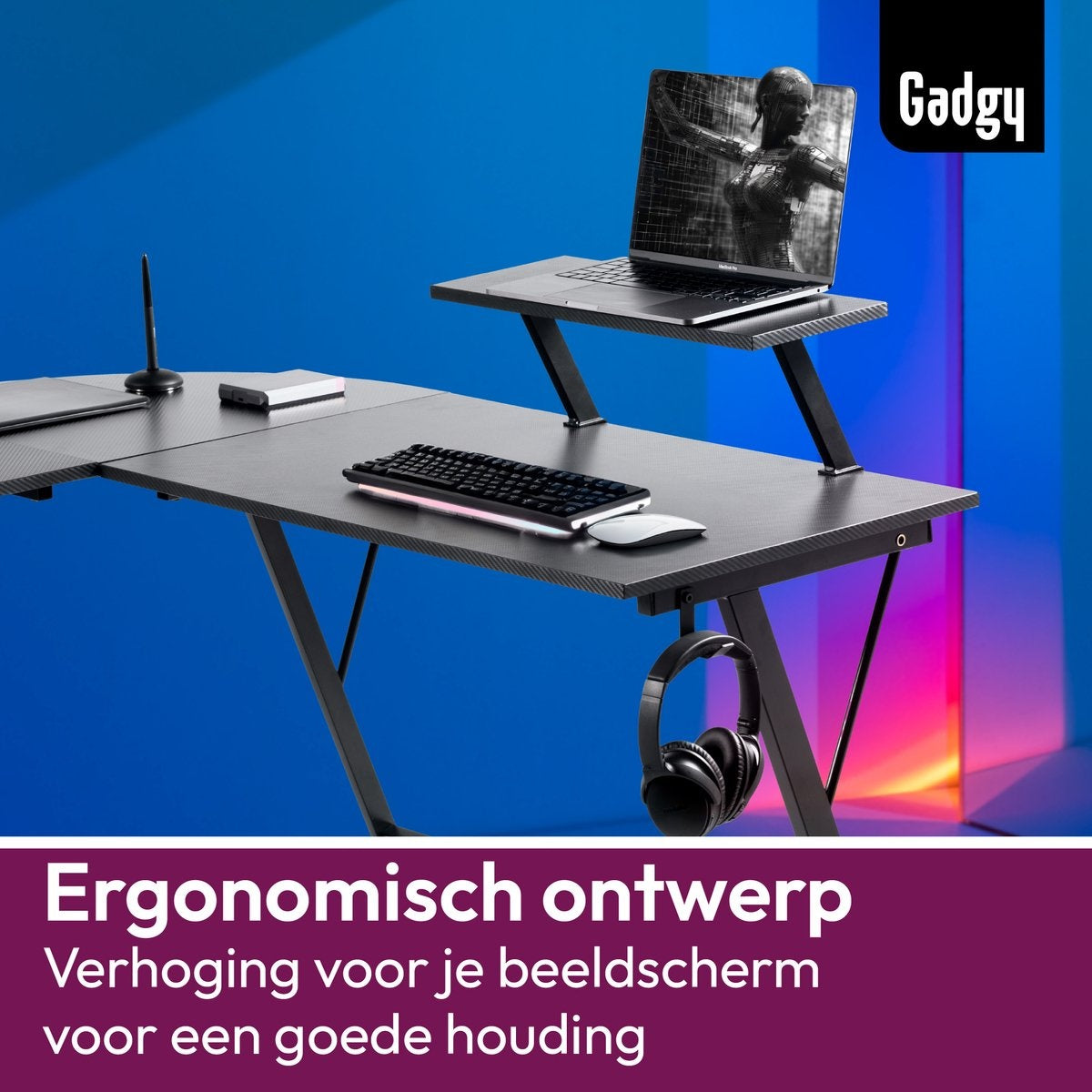 Gadgy Game Bureau Carbon PRO - Gaming HoekBureau 130 CM Breed - Gaming Bureau met Carbon Details - Gaming Desk L-vorm met Koptelefoonhouder, Scherm Verhoging & Opbergmand - Level Up met Gadgy - Zwart Carbon
