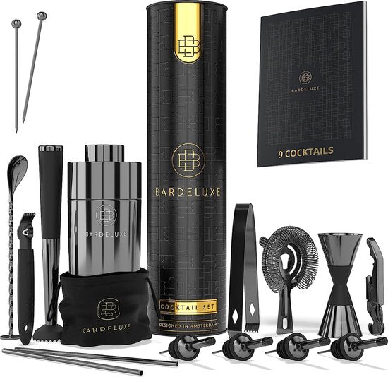 Cocktailset, 17-delig, barkeeperset, cocktailmixerset, 750 ml cocktailshaker roestvrij staal, cocktailshakerset, bartender set, luxe cocktailcadeauset, tas & receptenboek (zwart)
