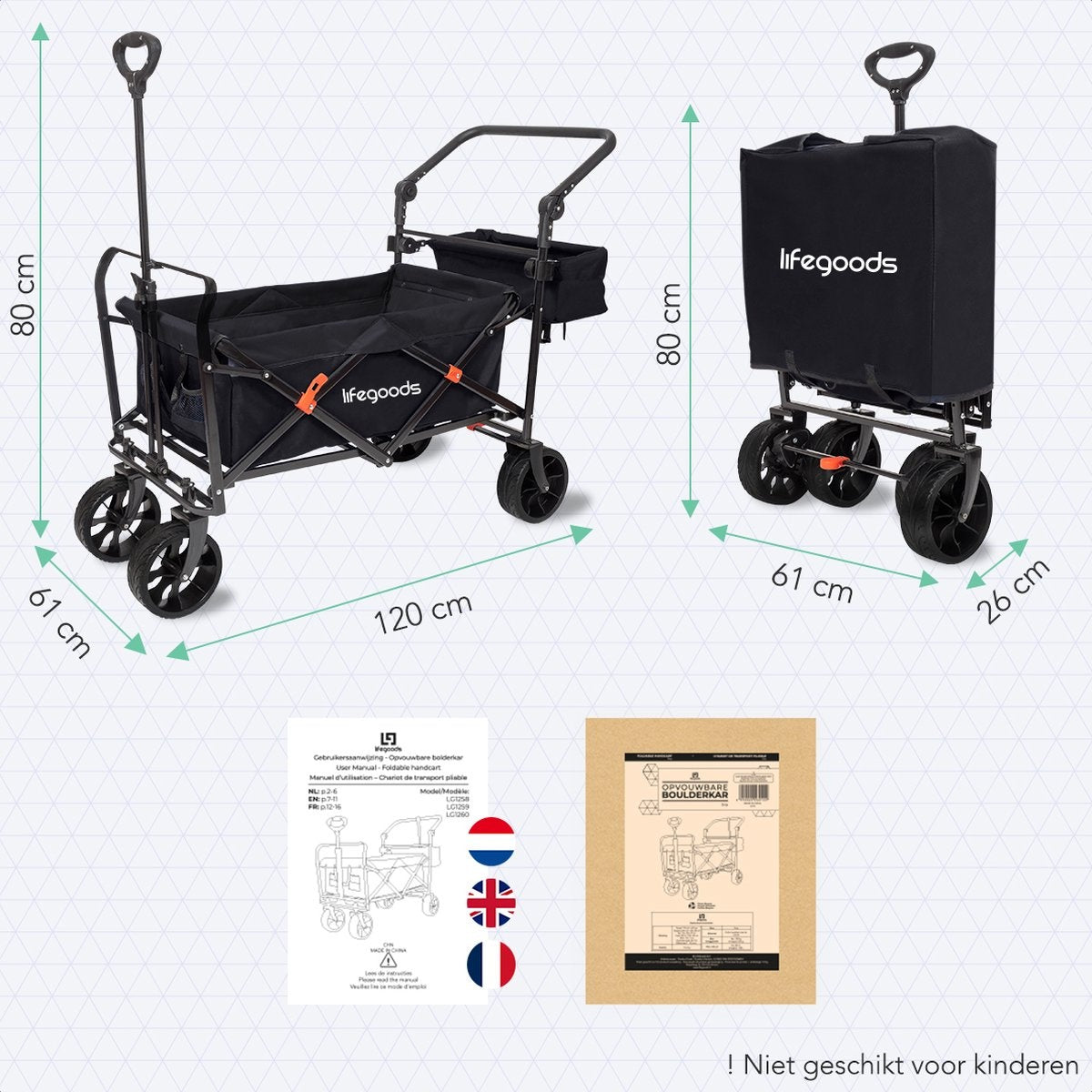 LifeGoods Bolderkar – Inklapbaar  – max. 120 kg – 120 x 61 x 80 cm – Zwart