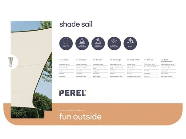 Perel Schaduwdoek, waterafstotend, 5 x 5 m, 160 g/m², polyester, vierkant, crème