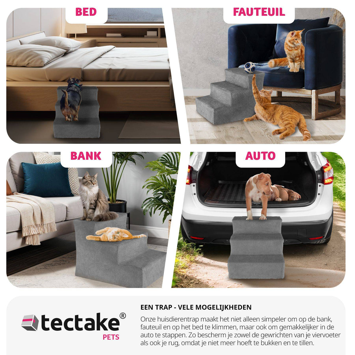Tectake Huisdiertrap Paw Path – Grijs – 37 x 45 x 34,5 cm – 3 Treden