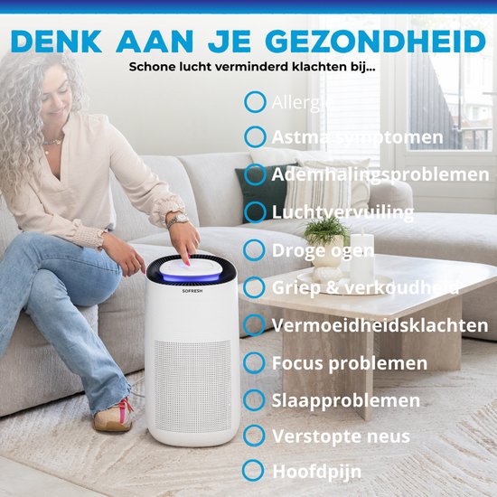 Sofresh luchtreiniger met app - 80 m² - Automatische stand + 6-in-1 filtersysteem - Luchtkwaliteitsindicator - Ionisator - UV - Luchtfilter - Air purifier met HEPA-filter