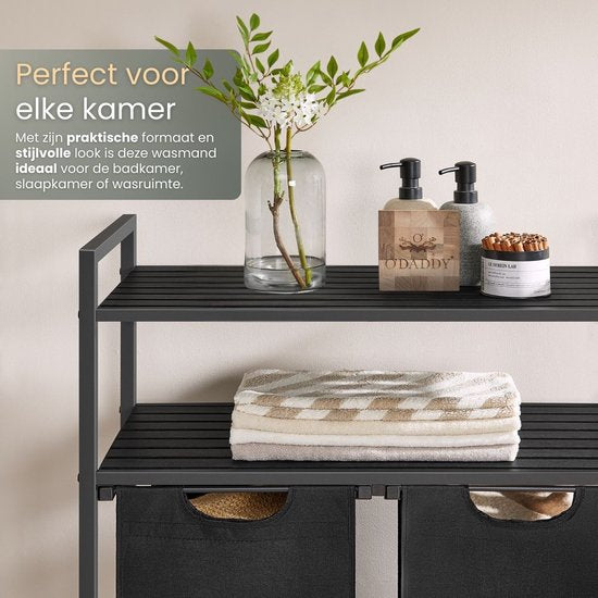 O'DADDY® Wasmand met 2 Vakken & 2 Planken - 76 Liter - Wassorteerder Uitschuifbaar - Was Organizer - Laundry Basket - Wasbox - Wasmanden - Dubbele Wasmand - Zwart/Bruin