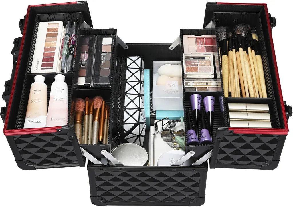 Yaheetech make-up Koffer - 34,7 x 22,2 x 25 cm - Verstelbaar - Opbergvakken - Afsluitbaar - Zwart/Rood