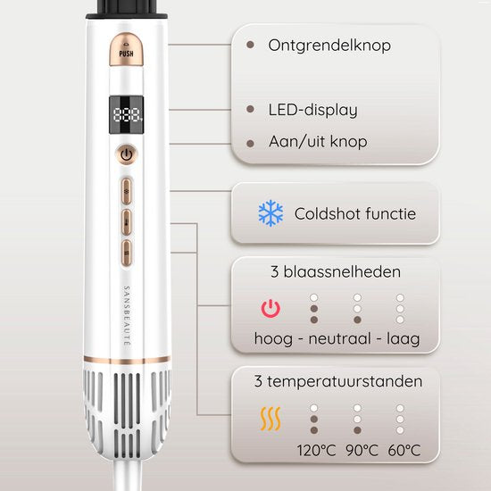 Sansbeauté Multistyler – 8-in-1 Airstyler & Föhnborstel – 1400 W – Goud/Wit