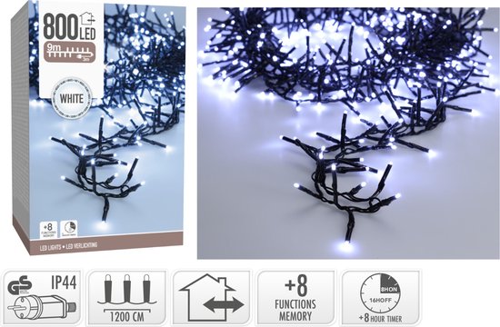 Maxi Cluster Kerstverlichting - 800 led - 12m - (ijs) wit - Timer - Lichtfuncties -Buiten-Binnen-Geheugen