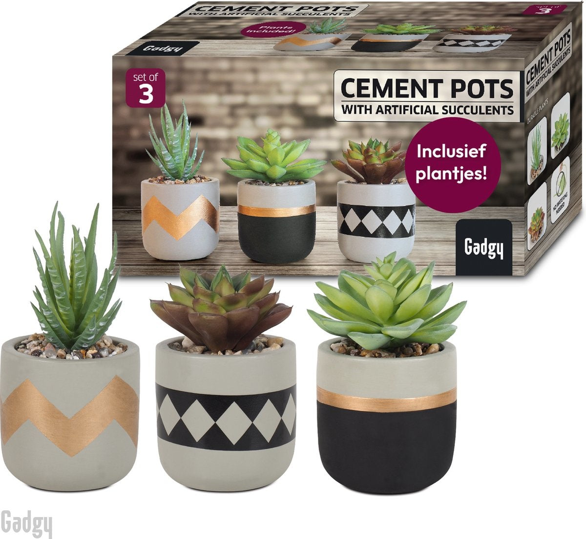 Gadgy Kunstplanten voor Binnen - 3 stuks - Kunst Vetplantjes in Stenen Pot - Nepplant - 13 tot 16 cm