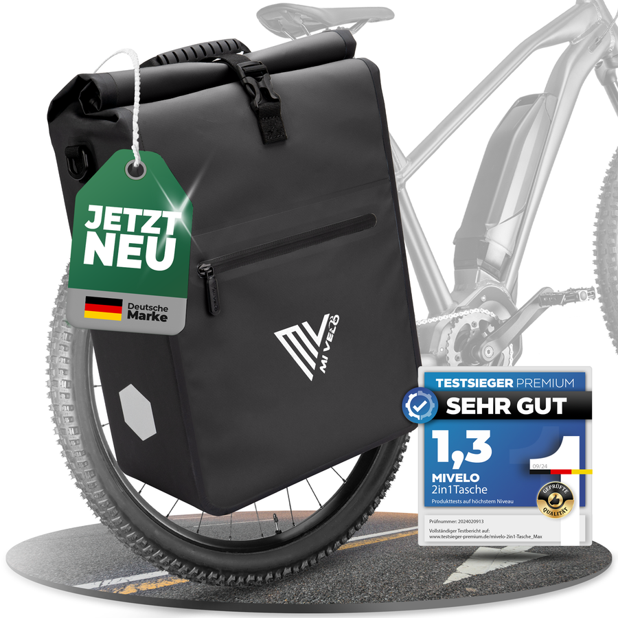 MiVelo Max - 2-in-1 Waterdichte Fietstas voor Bagagedrager - Zwart - 25 L