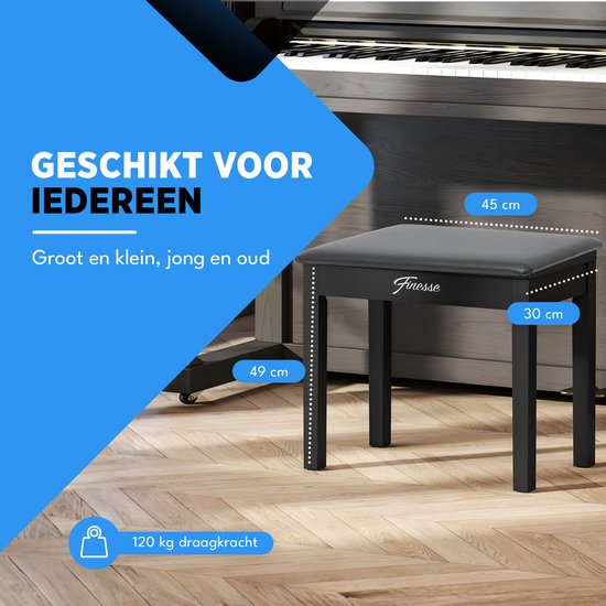 Finesse Pianokruk - met Opbergruimte - Zacht Kussen - Pianobank - Pianostoel - Zwart