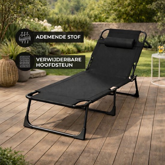 Outbee Ligbed - Ligstoel - Zonnebed - 190x55x30 cm - Inklapbaar - Verstelbaar - Weerbestendig - Zwart