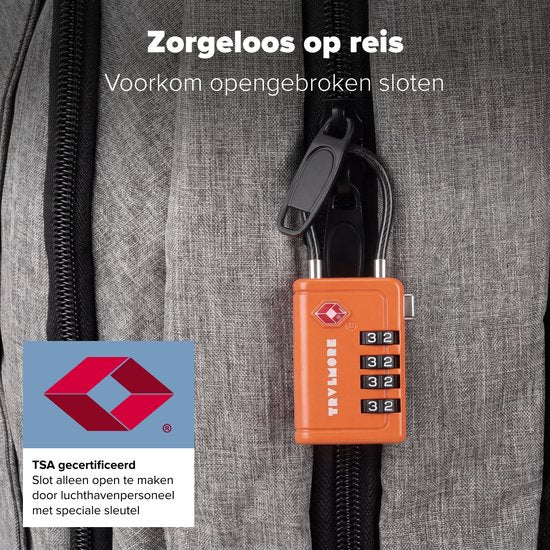 TRVLMORE Kofferslot met Kabel - TSA Gecertificeerd - Alarmfunctie - 4-Cijferig - 2 Stuks - Oranje