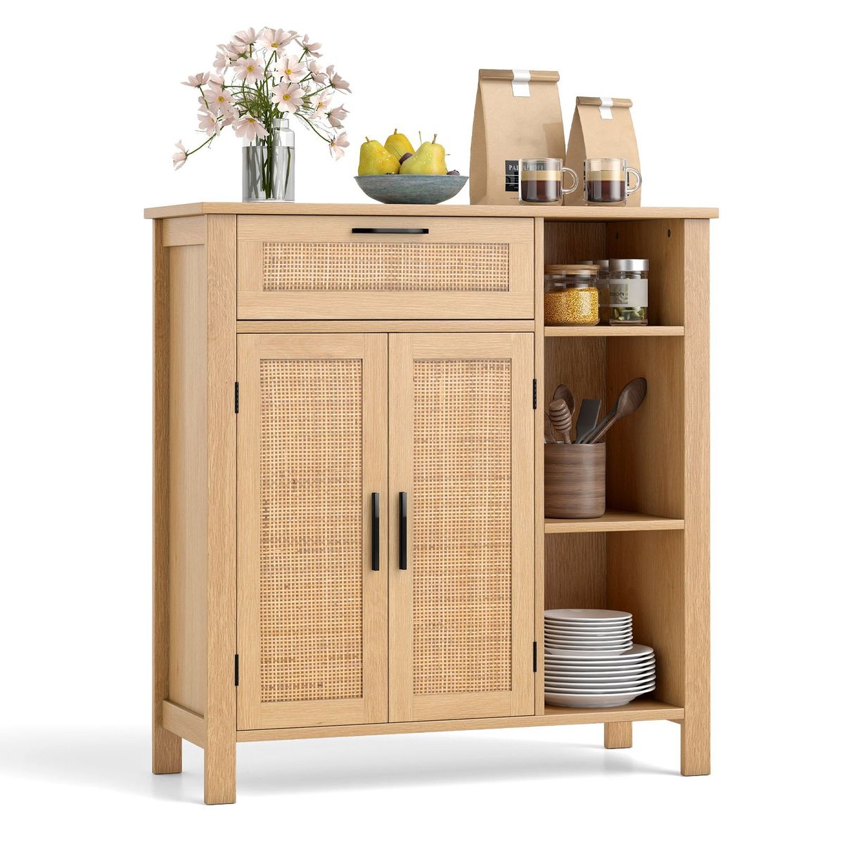 Coast Houten Dressoir - Rotan deuren en lade - Verstelbaar rek - Naturel 75 x 30 x 80 cm