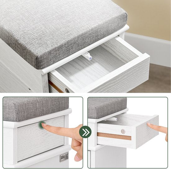 SoBuy FSR64-WG Schoenenkast, schoenenbank, schoenen, entree, 2 kleppen met afneembaar kussen, opbergdoos, rek voor smalle entree, 104 x 24 x 51 cm, antiek houteffect, wit