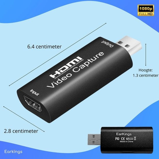 Earkings® Game Capture Card – 4K Invoer & 1080p Full HD Uitvoer – HDMI naar USB 3.0 – 6.4 x 2.8 x 1.3 cm – Zwart