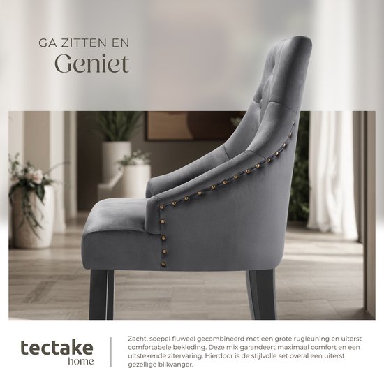 tectake 2 Eetkamerstoelen Set – Fluweellook & Armleuningen – Draagvermogen 120 kg – 52 x 57 x 91 cm – Donkergrijs/Zwart
