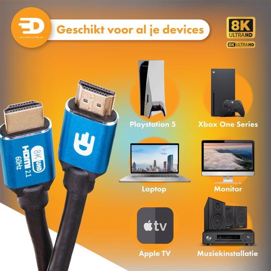 Drivv. Premium HDMI Kabel 2.1 - Ultra HD Hoge Snelheid 8K - 4K 120hz - Geschikt voor Xbox Series X & PS5 - 5 meter - Blauw