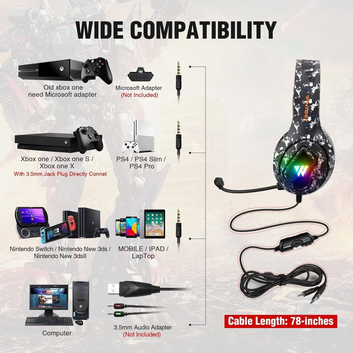 WINTORY M1 RGB light gaming headset met stereo microfoon voor PS4/PS5-laptops-Xbox One - Camouflage Zwart
