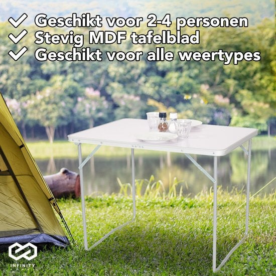 Infinity Goods Campingtafel - Inklapbaar - Tuintafel - 80x60x70 cm - Buiten/Binnen - Draaghandvat - Compact - Aluminium - Wit