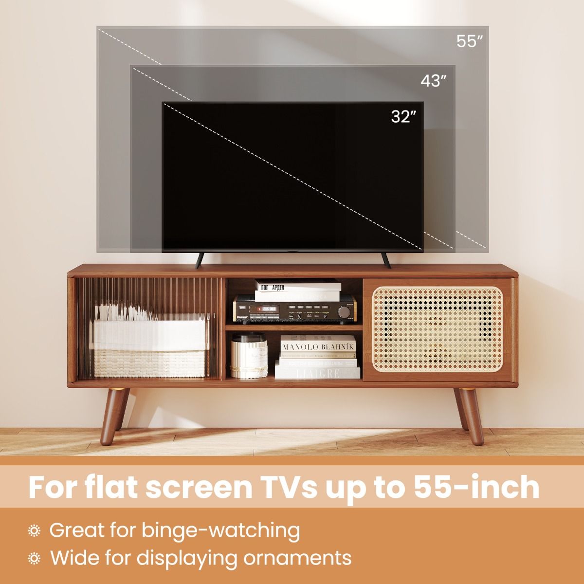 Coast TV-meubel - bamboe met rieten en glazen schuifdeur - verstelbare plank - bruin - 120,5 x 31 x 45,5 cm