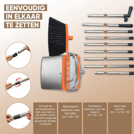 TTD® Stoffer en Blik met Lange Steel XXL - Verstelbaar 54-263 cm - Bezem - Bezemsteel - Grijs & Oranje - Veger en Blik - Vuilblik voor Binnen en Buiten - Ingebouwde Schoonmaaktanden